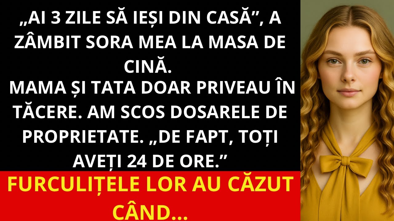 La cină, sora mea a zâmbit: „Ai 3 zile să pleci din casă.” Mama și tata doar priveau.