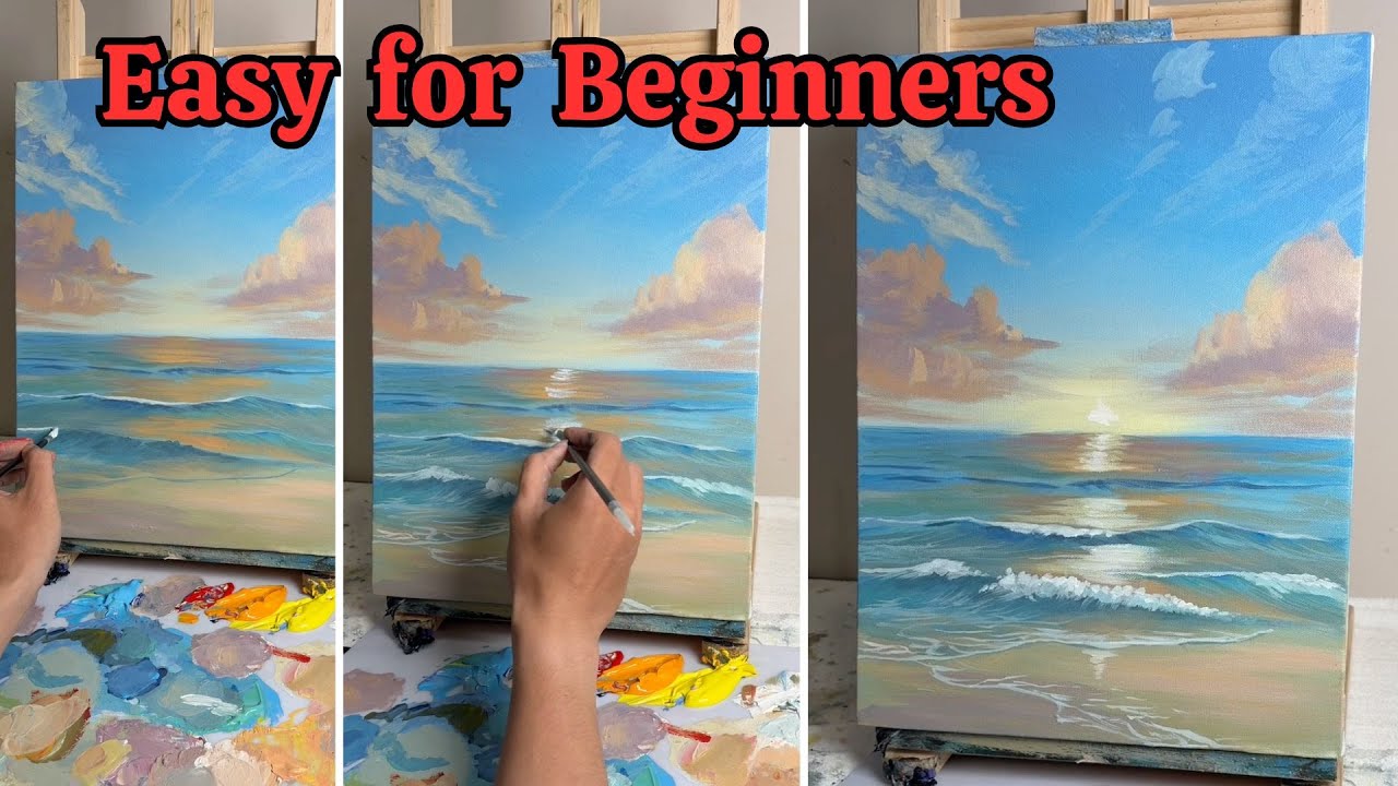 Sunset Ocean Waves Acrylic Painting | Peaceful Beach Scene Tutorial ...