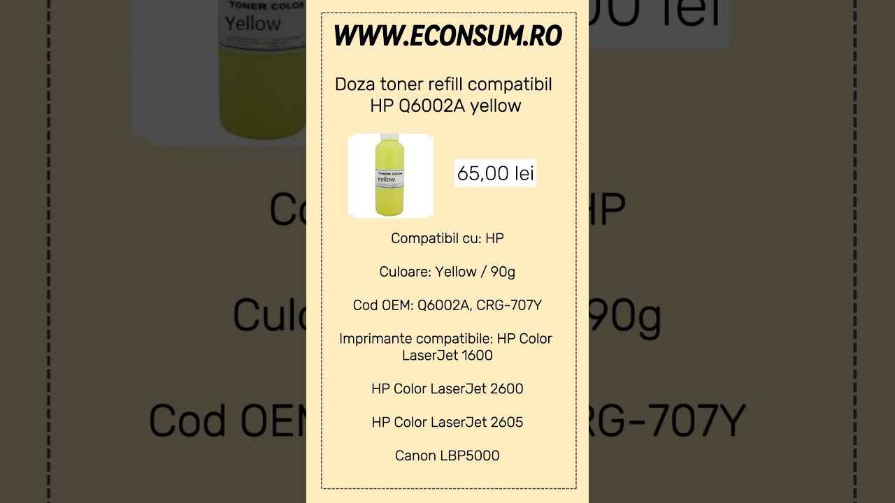 Toner Q6002A, CRG-707Y, HP Color LaserJet 1600HP,  hp2600, hp2605, Canon LBP5000 