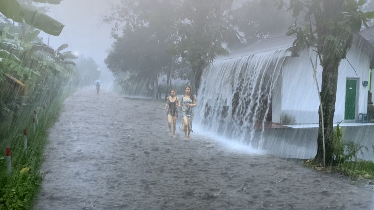 Heavy rain in beautiful green village | water overflowing the streets | cure insomnia