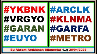 28 Nisan Bu Akşam Açıklanan Bilançolar 1..8 #arclk#klnma#ykbnk#vrgyo#garan#euyo#garfa#metro