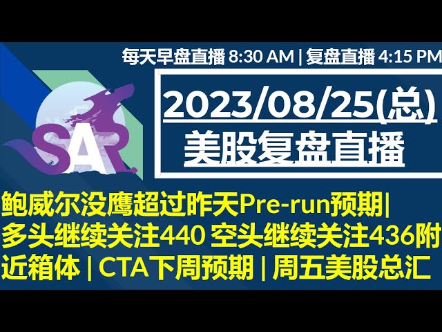 美股直播08/25[复盘] 鲍威尔没鹰超过昨天Pre-run预期|多头继续关注440 空头继续关注436附近箱体 | CTA下周预期 | 周五美股总汇