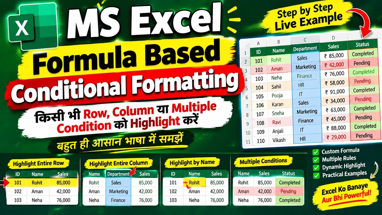 MS Excel Formula Based Conditional Formatting 🔥 | Row, Column, Name ...