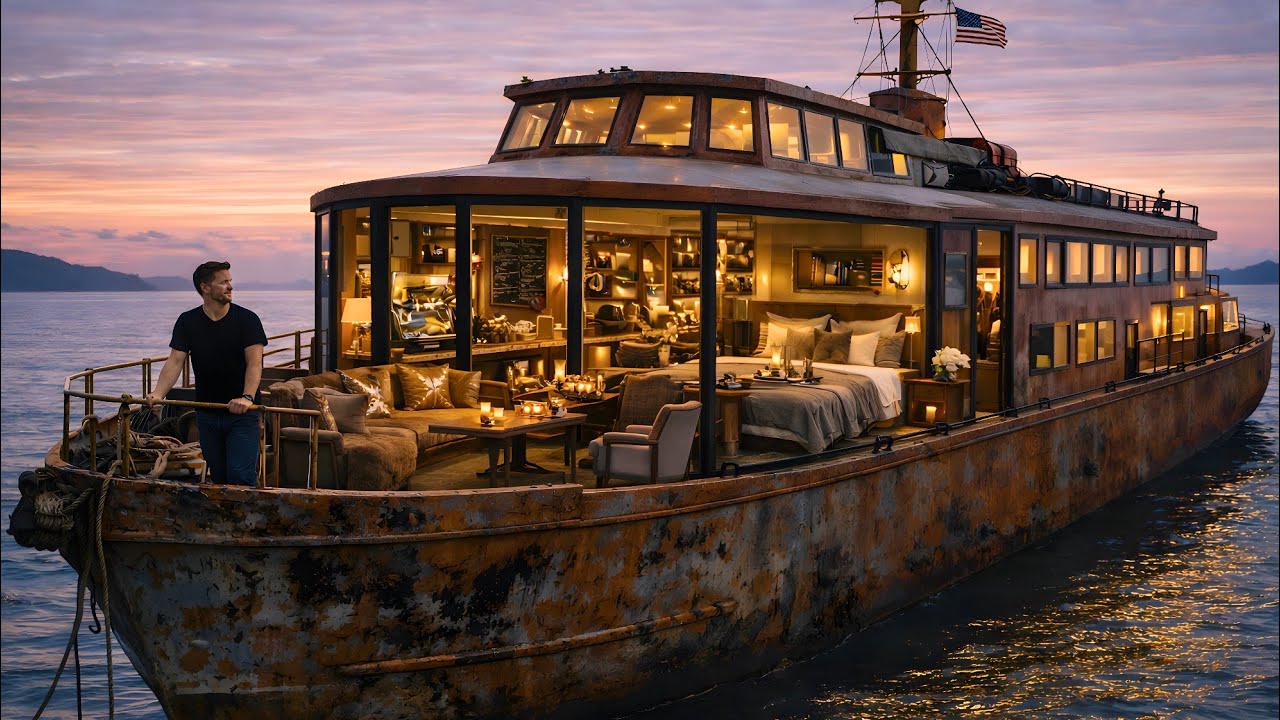 100 Days Transforming an Abandoned Navy Boat into a Luxury Cafe + Cabin on an Island (ASMR)