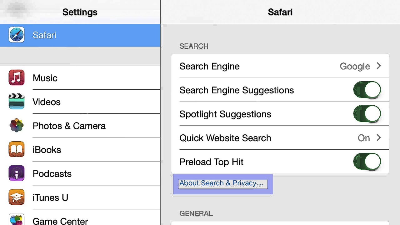 Settings Safari YouTube