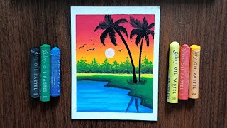 Easy Sunset Palm Tree Scenery Drawing🌴🌅 | Oil Pastel Art Step by Step for Beginners #sunset #scenery