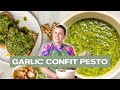 Fresh basil pesto made with garlic confit