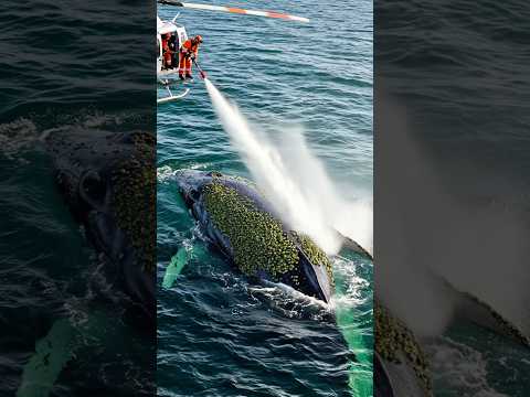 Rescue helicopter helps remove barnacles stuck on a whale’s body #whalerescue
