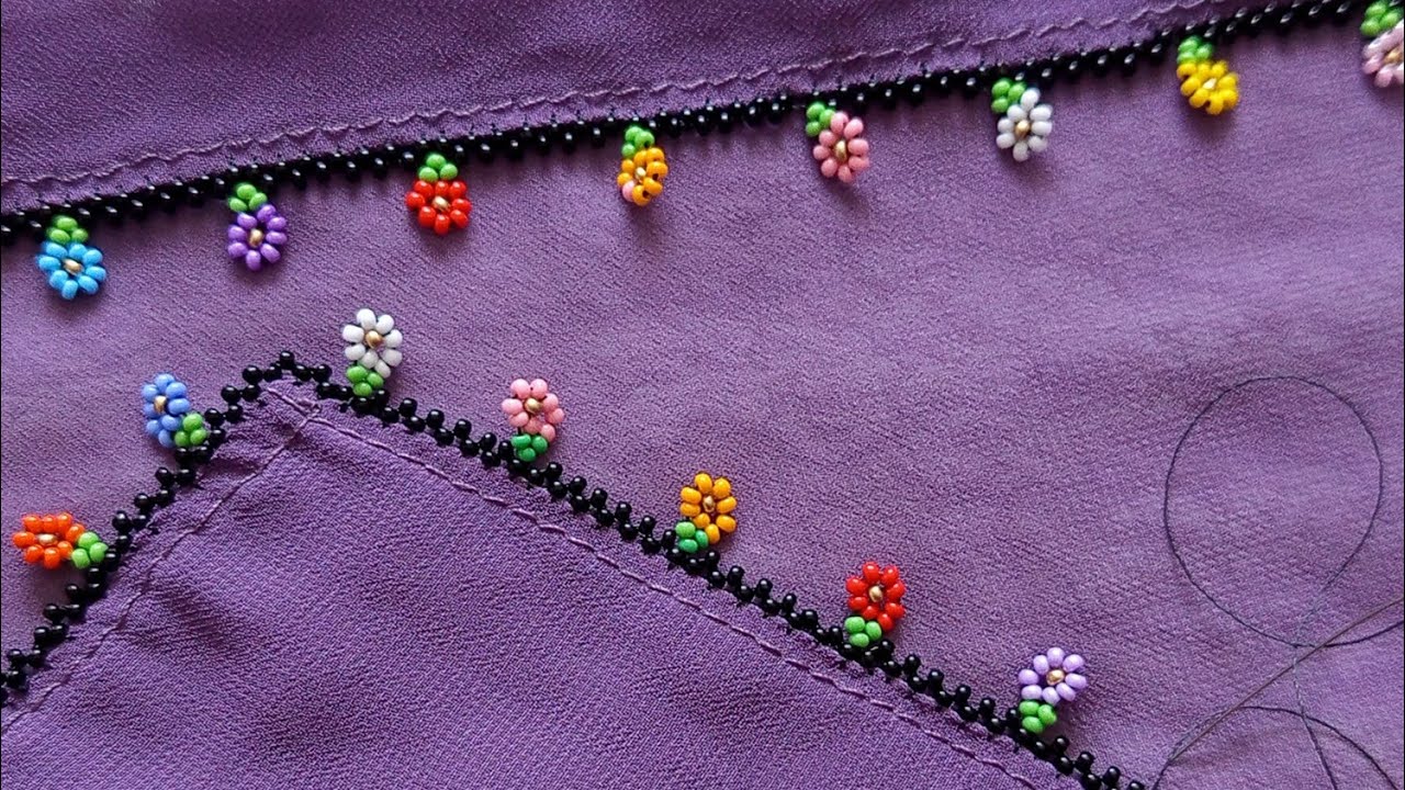 kum boncuktan yazma fular kenarı papatya oyası nasıl yapılır.yazma oyası motif boncuk igneoyasi 