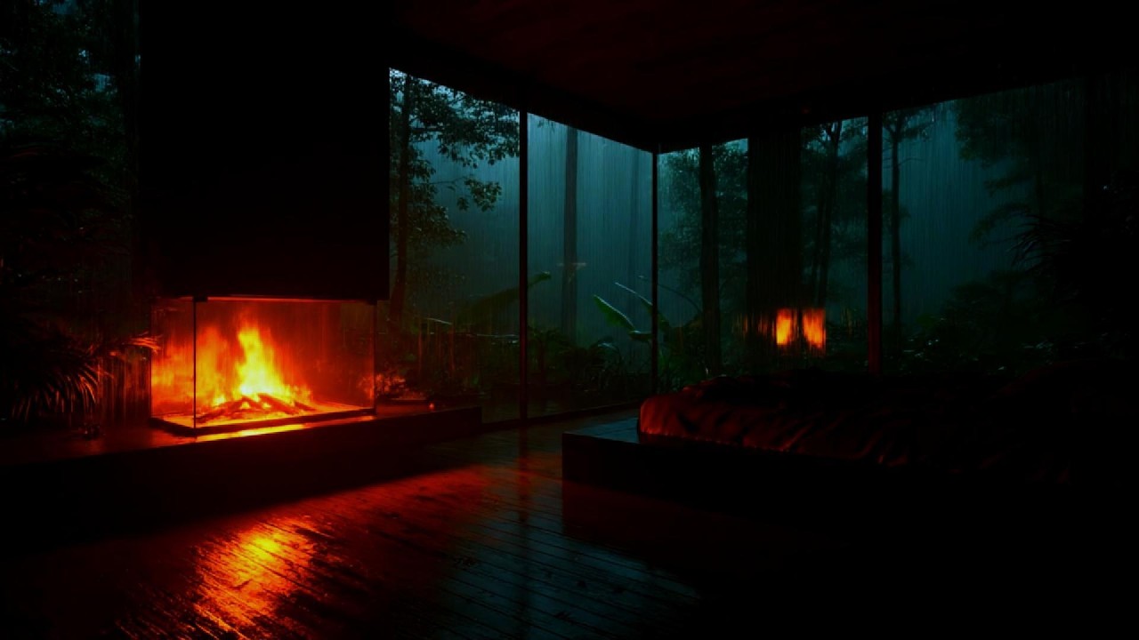 Dark Rainy Night & Crackling Fireplace | Cozy Cabin Rain Sounds for ...