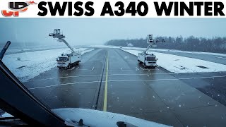 Piloting SWISS Airbus A340 in Winter + De-Icing | Cockpit Views