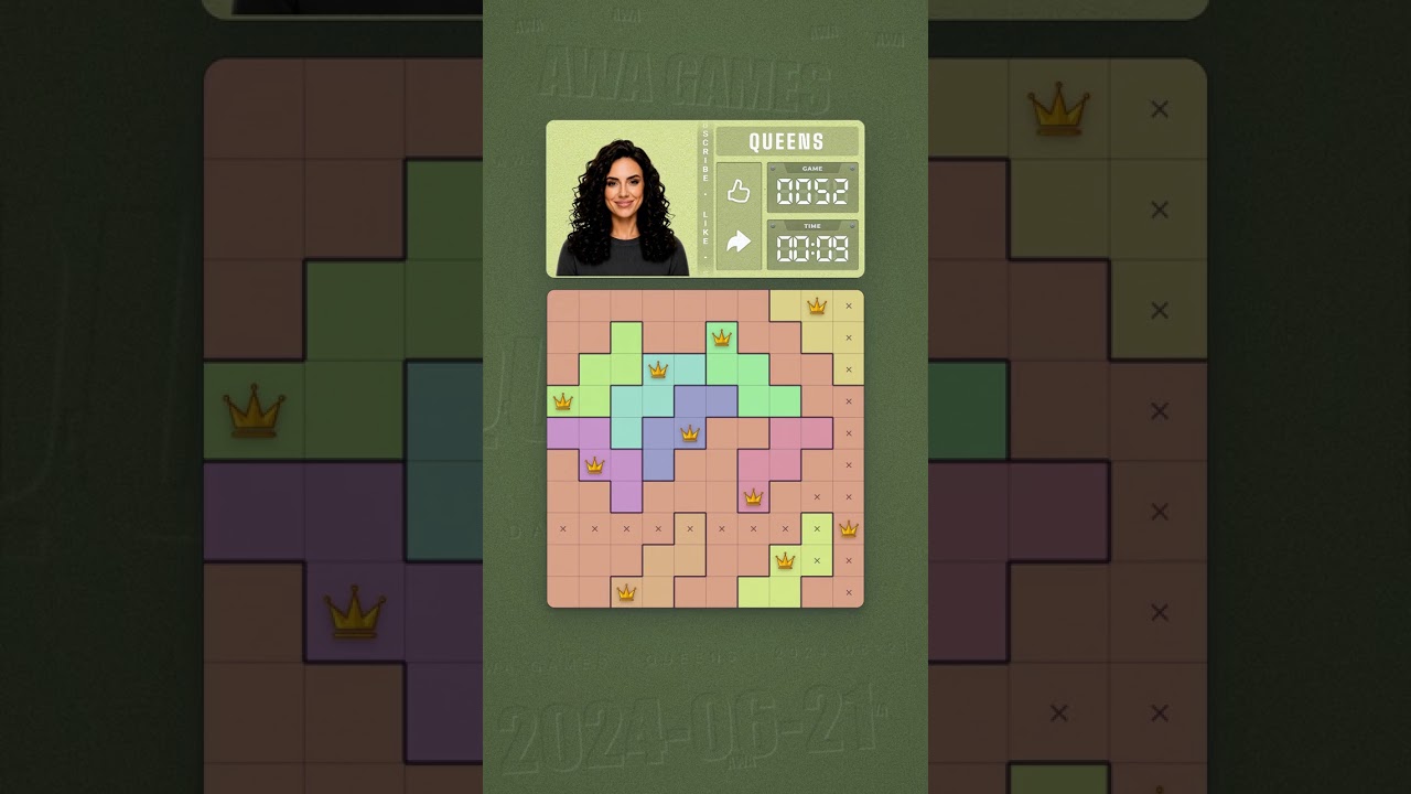 LinkedIn Queens #52 solved board for June 21, 2024, 10x10 grid