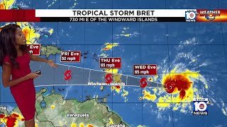 Tropical Storm Bret strengthens slightly as it continues moving westward