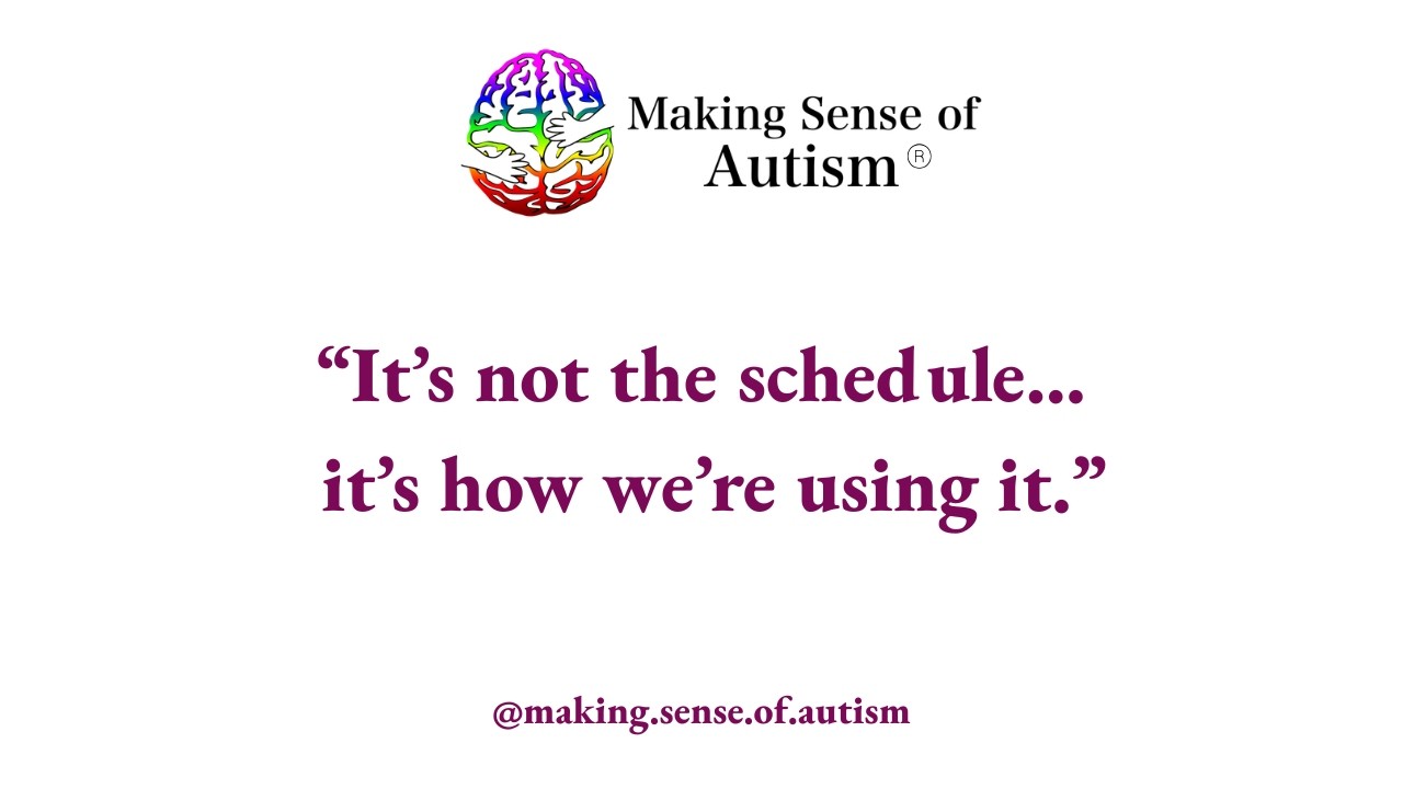 rainbow brain and text "it's not the schedule...it's how we're using it."  Making Sense of Autism.