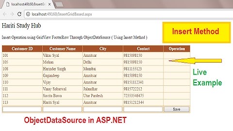 Insert Method using ObjectDataSource in ASP.NET | GridView FooterRow Insert ObjectDataSource