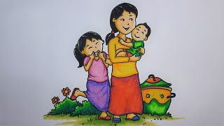 TUTORIAL MUDAH MENGGAMBAR ORANG // CARA MENGGAMBAR IBU DAN ANAK // GAMBAR IBU MENGGENDONG BAYI