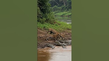 Jaguar eyes a group of crocodiles, tension rising in the wild encounter # #jaguar #wildlife