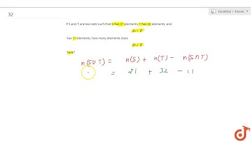 If S and T are two sets such that S has 21 elements, T has 32 elements, and `Snn T` has 11 eleme...