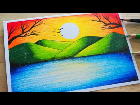 วาดรูปธรรมชาติ ทะเลง่ายๆ สีไม้ / วาดรูปธรรมชาติ | Easy Scenery / Easy Sunset Scenery Drawing | ข้อมูลที่สมบูรณ์ที่สุดเกี่ยวกับรูปธรรม มะ