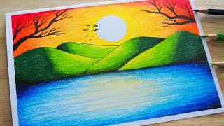 วาดรูปธรรมชาติ ทะเลง่ายๆ สีไม้ / วาดรูปธรรมชาติ | Easy Scenery / Easy Sunset Scenery Drawing