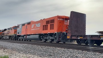 BNSF Manifest train w/ interesting looking NS locomotive! BNSF Transcon: Marceline sub..4/26/25