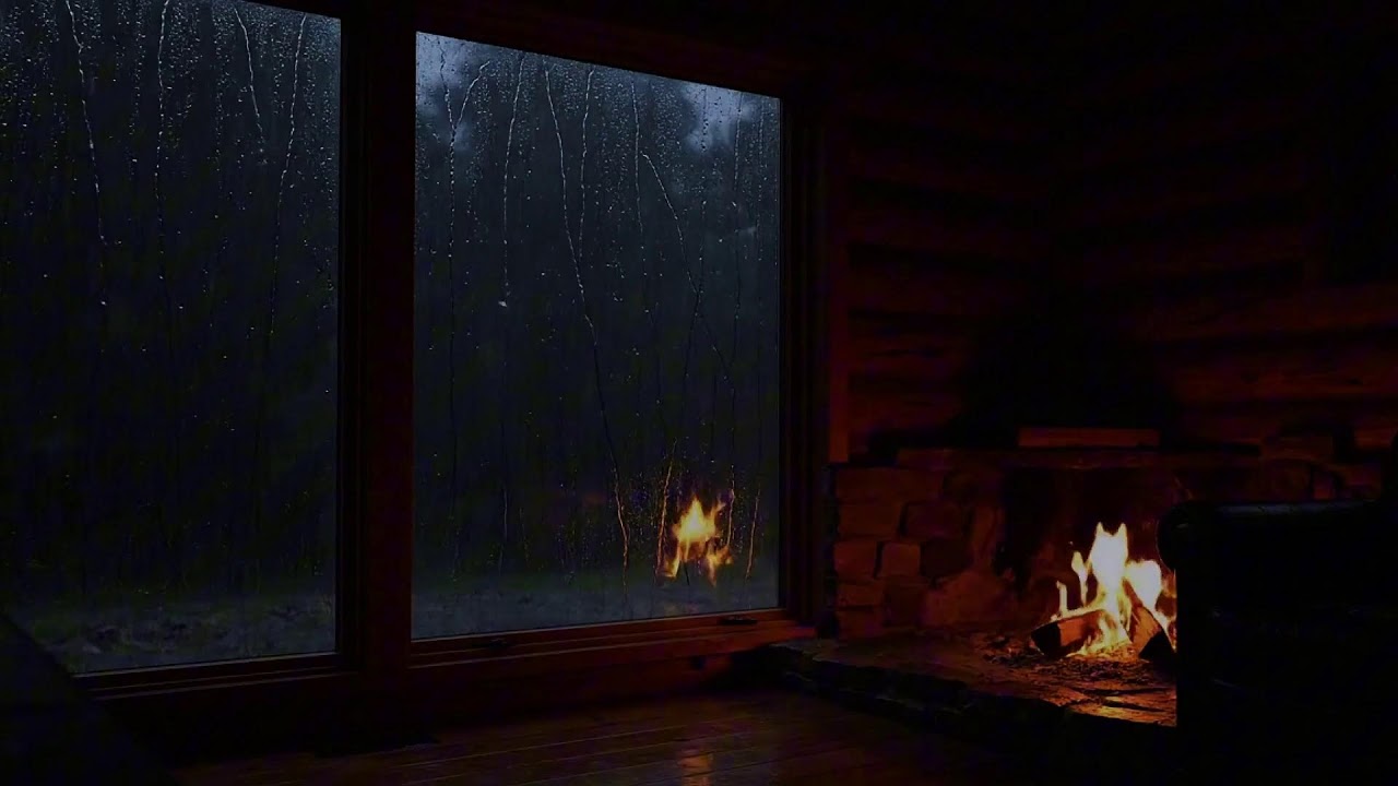 Midnight Rain on Window Sounds with Soft Fireplace Ambience for Better Sleep