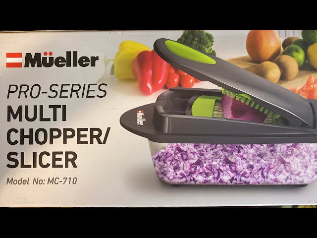 Mueller 4-Blade Onion Chopper, Vegetable Chopper, Grape Cutter, Egg and Cheese Slicer with Container