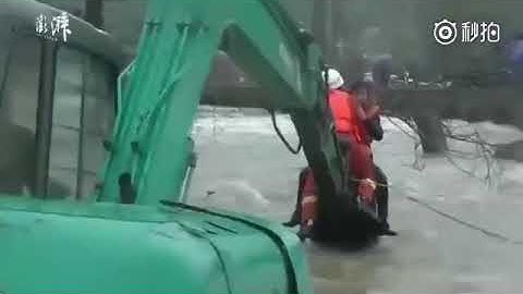 Woman clinging on tree in floods saved by excavator