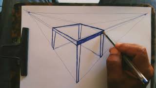 Ensinando a desenhar uma mesa em perspectiva  usando a linha do horizonte e dois pontos de fuga