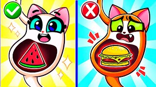 Eat Healthy, Baby Cat!  Don't Overeat  Cute Cat Cartoon by PurrPurr Stories