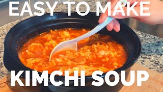 Easy Kimchi Soup with silken tofu, enoki mushrooms and eggs