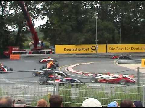 The weekends' second race of F3 Euroseries. Kindly note that this footage is only slightly edited between 0:48 and 3:18; so to speak you see the action from the start until the first Safety-Car period in lap 5 more or less uncut. I wonder whether this Formula 3 youngsters get some raw meat on Sunday morning of Norisring every year... Enjoy...and rate please