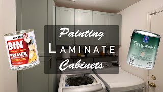 How to Paint Laminate Cabinets- Laundry Room Makeover (Lowes Arcadia Diamond Now)