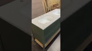 Stunning sandpiper double vanity unit by OXUN with oak shelf Quartz top #bathroomdesign