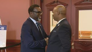 Chicago Mayor-elect Brandon Johnson speaks to lawmakers in Springfield, calls for unity