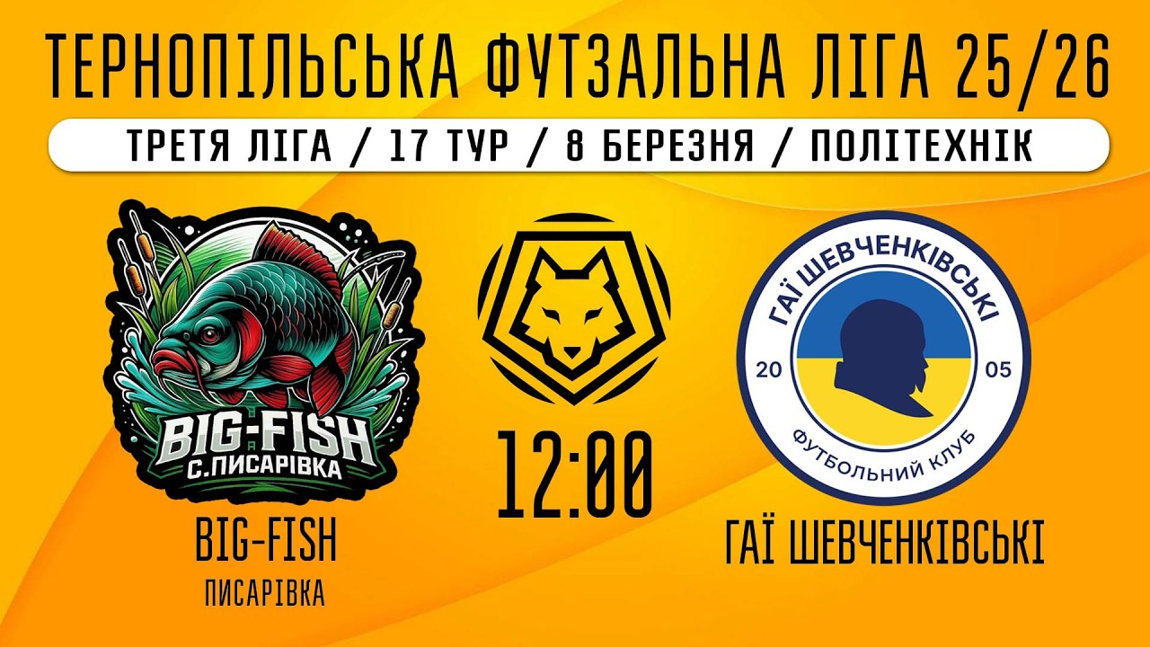 НАЖИВО / ТЕРНОПІЛЬСЬКА ФУТЗАЛЬНА ЛІГА 25/26 BIG-FISH ПИСАРІВКА - ГАЇ ШЕВЧЕНКІВСЬКІ