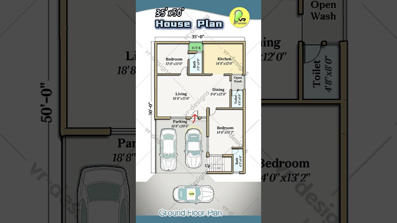 35'× 50' house plan with 2 car parking, 2-bhk house design, 35 by 50 