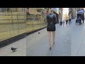 4k Granate TRavelling walking in public, Barcelona historic center, miniskirt ankle boots,high heels