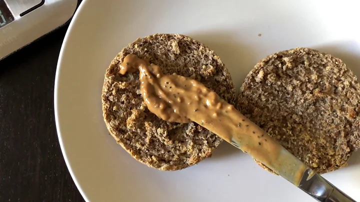 Easy breakfast Trader Joe's Flax and Chia Peanut Butter on Ezekiel Sprouted Muffin