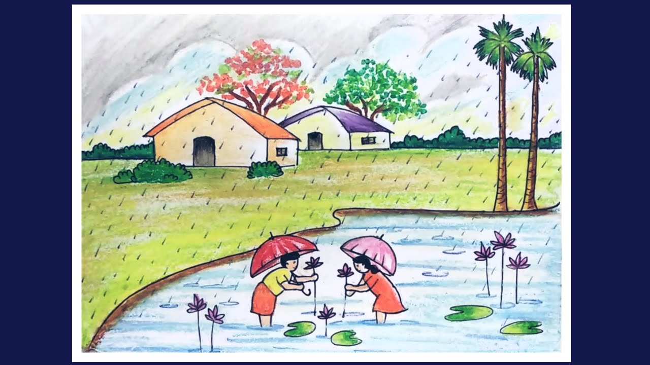 Rainy Season Scenery Drawing for Beginner | Easy Village Scenery ...