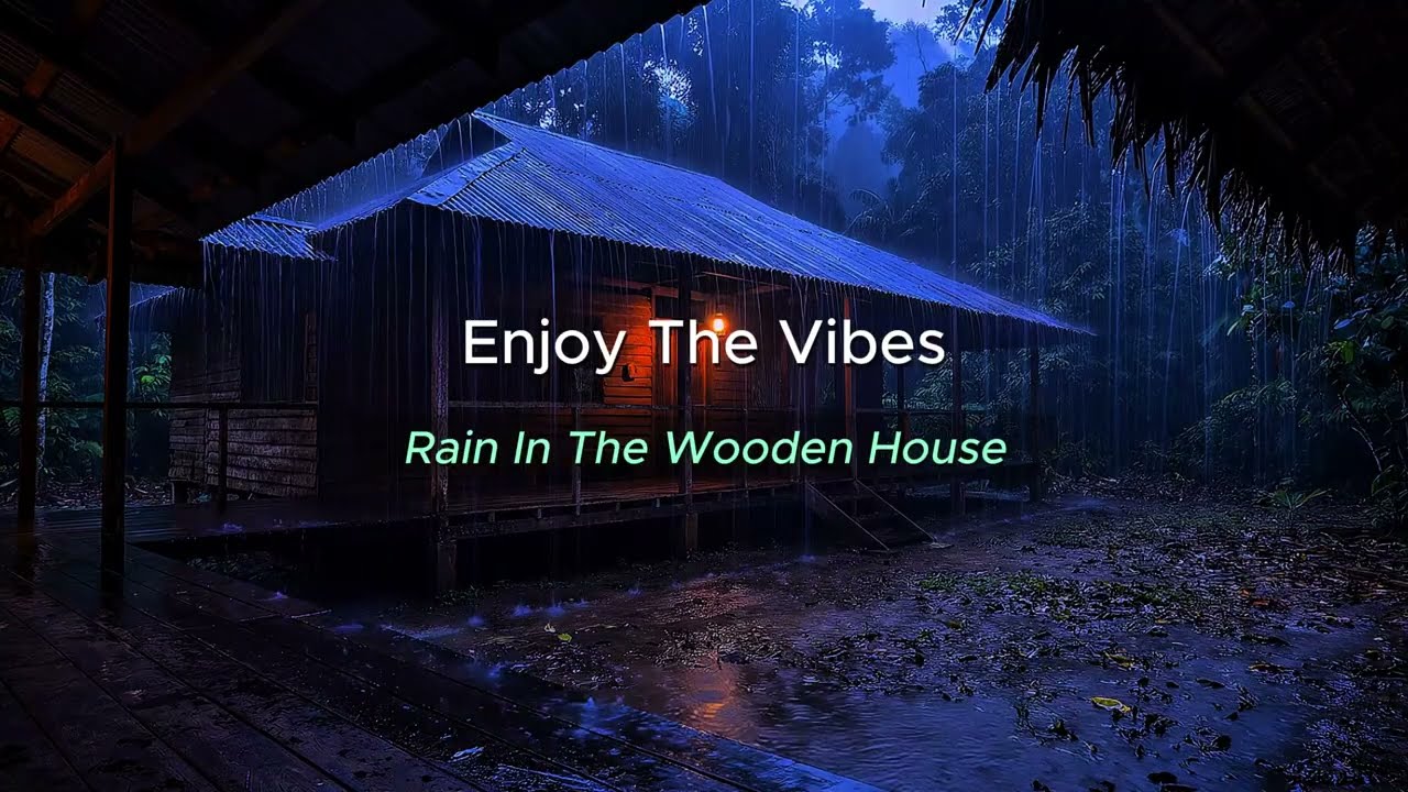 Cozy Cabin Balcony with Heavy Distant Rain — Deep Relaxation Ambience