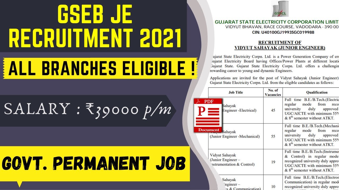 GSECL JE Recruitment 2021 | Gujarat state electricity board recruitment 2021