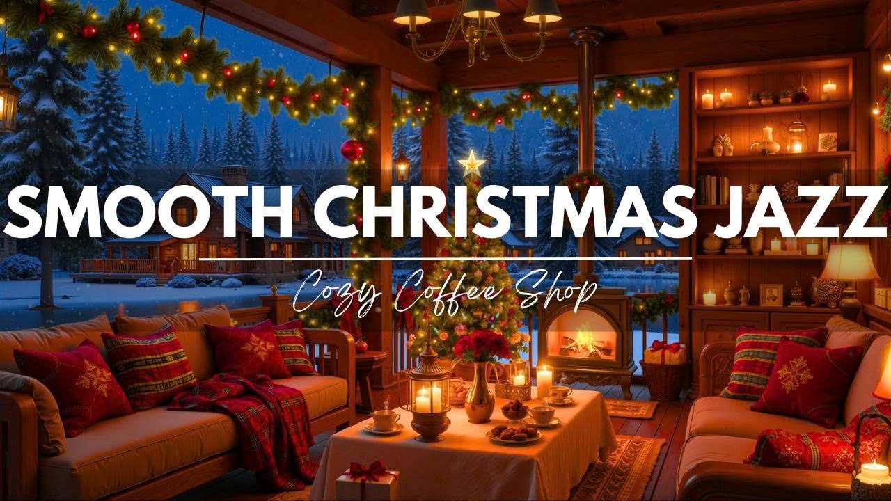 Cozy Christmas Coffee Shop Ambience 🎄 Smooth Jazz Music & Fireplace Sounds for Winter Relax