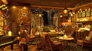 Snow Night on Window at Coffee Shop Ambience 4K ☕ with Relaxing Smooth Jazz Music and Snow Falling