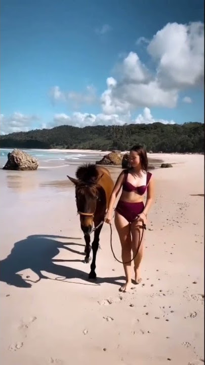 Pamela Bowie tampil sexi di pantai sambil bawa kuda