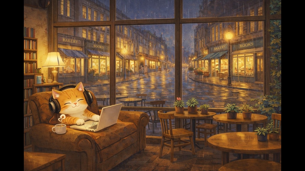 Rainy Night Cafe ☕🌧️ Cozy Lofi for Study & Relax | Cozy Windowsill Cat🐱