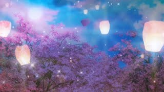 [背景フリー素材]  飛ぶランタン・夜桜・月
