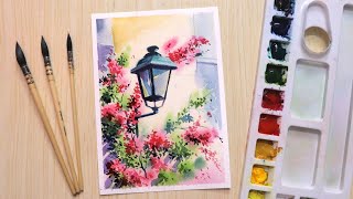 Watercolor painting for beginners beautiful flower and Lamp