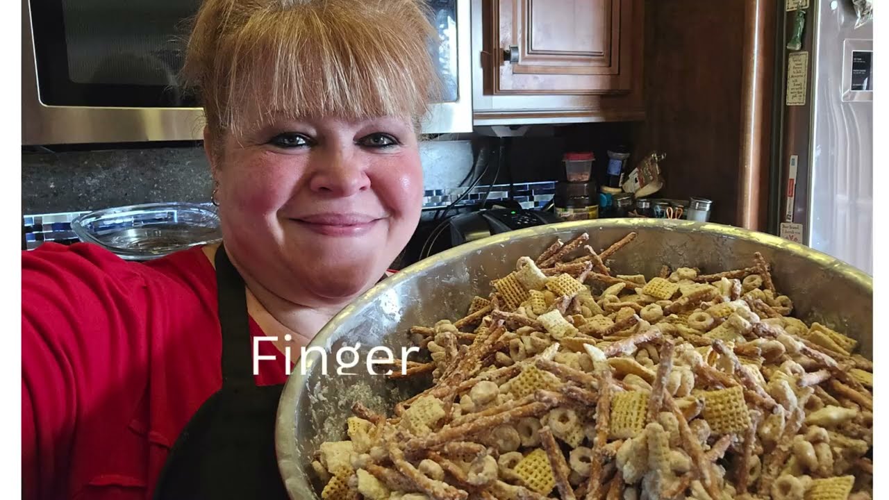 Party Finger Food Mini Crescent Dogs, White Chocolate Party Mix, Cinnamon rolls for 2