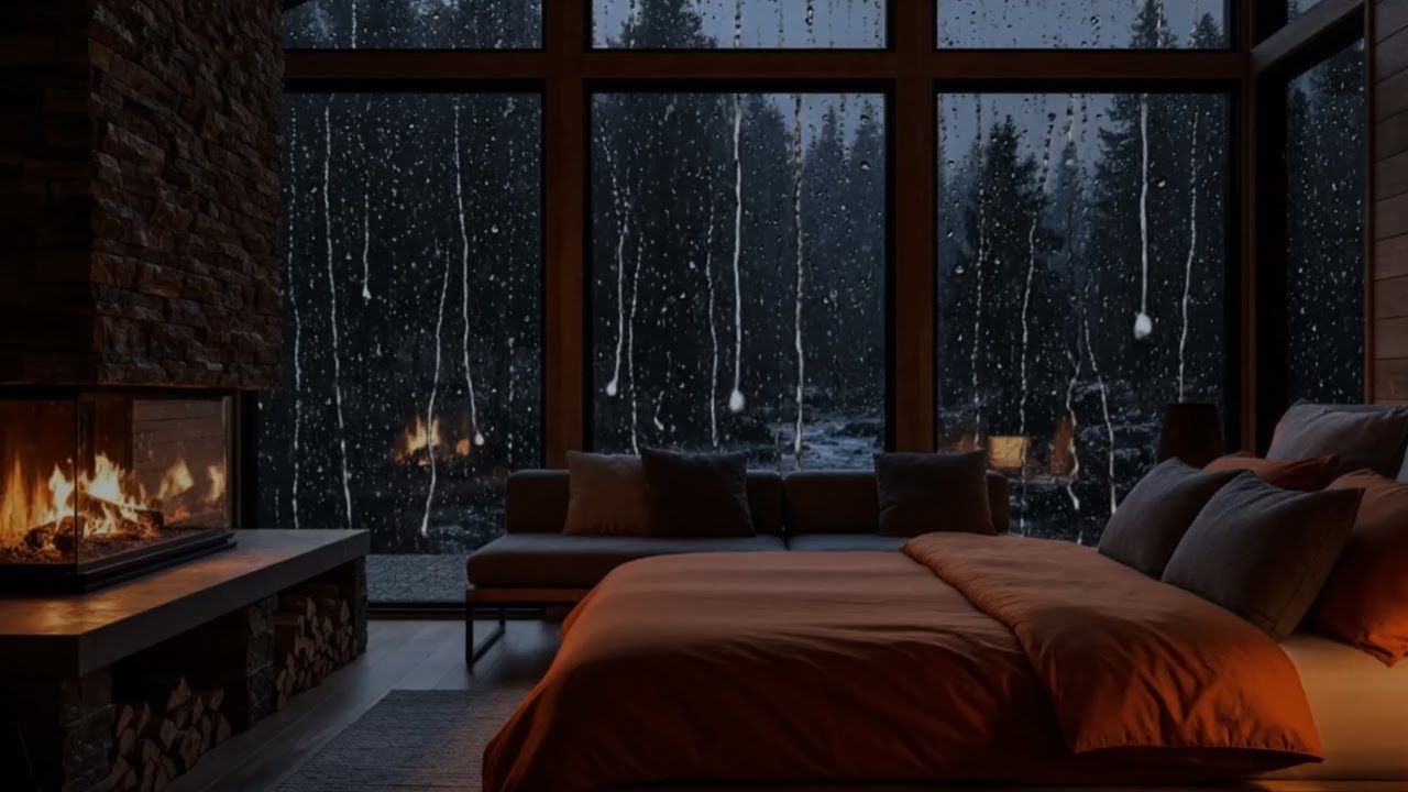 Night Rain on Window 🌧️ Cozy Cabin Fireplace Sounds for Deep Sleep ...